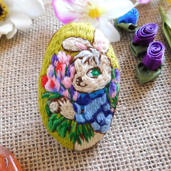 Bunny Rabbit with Flower Bouquet Embroidery Pin [Brooch-04] Hand Embroidery Cute Animal Brooch Pin Nature Animal Lover Gift