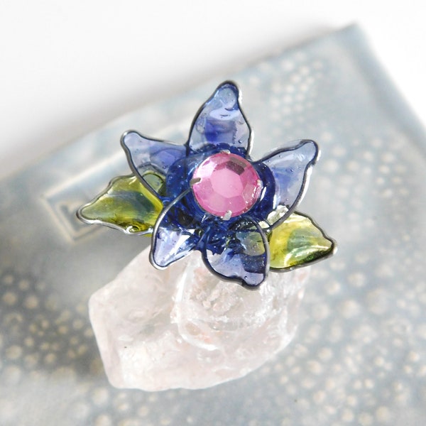 Blue Green Orchid Flower 7 Petals Wired Floral Resin Stainless Steels Metal Statement Silver Color Ring Gift for Her