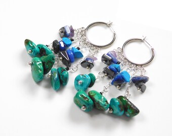 Lovely Mixed Semi Precious Gemstones Turquoise Hematite Sodalite Amethyst Silver Hoop Dangle Earrings Wonderful Gift for Someone Special