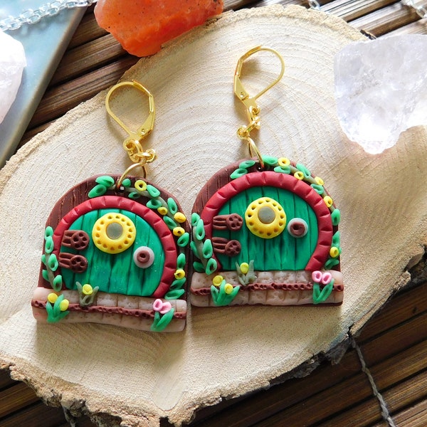 Lovely Fairy House Cottage Door Polymer Clay Gold Brass Lever Back Dangle Earrings