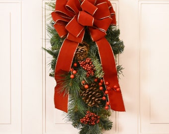 Red and Gold Christmas Door Swag  - Pine and Berry  Teardrop Swag