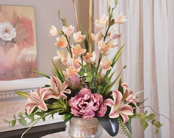 Silk Flower Centerpiece: Orchid, Lily & Rose in Silver Urn