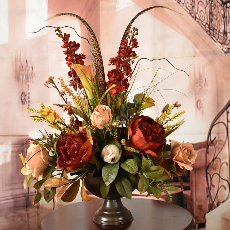 Rose and Feather Silk Flower Arrangement Silk Centerpiece image 0