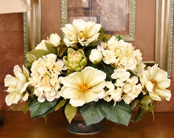 Cream Magnolia and Hydrangea Silk Floral Centerpiece with Artichoke