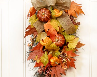 Pumpkin and Gourd Thanksgiving Door Swag with Burlap Bow