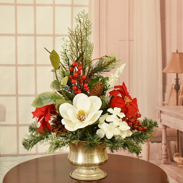 White Magnolia and Poinsettia Winter Centerpiece