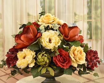 Burgundy Magnolia and Peony  Grande Silk Floral Centerpiece