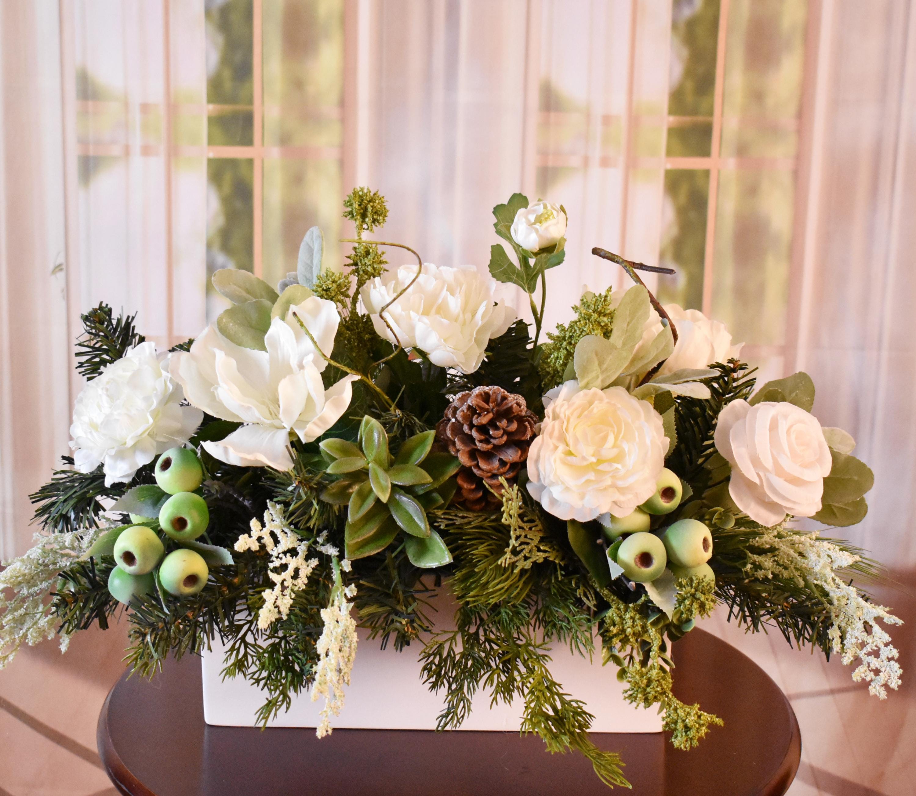 Christmas Floral Centerpiece: White Silk Flowers \u0026 Faux Greenery - Etsy, image size:3000x2608