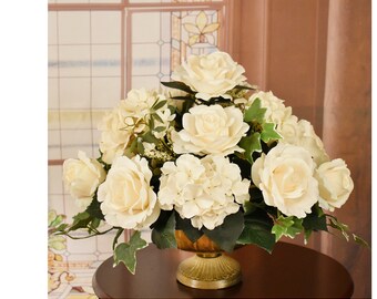 Cream Hydrangea Silk Floral Centerpiece with Roses, Silk Flower Arrangement