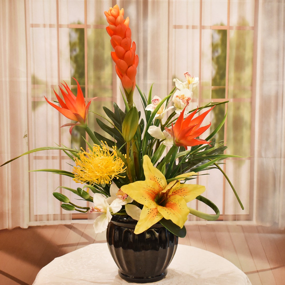 Mixed Tropical Silk Floral Design in Black Vase Etsy