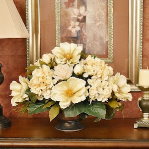 Floral centerpiece for dine table Cream Magnolia and Hydrangea Silk Floral Centerpiece