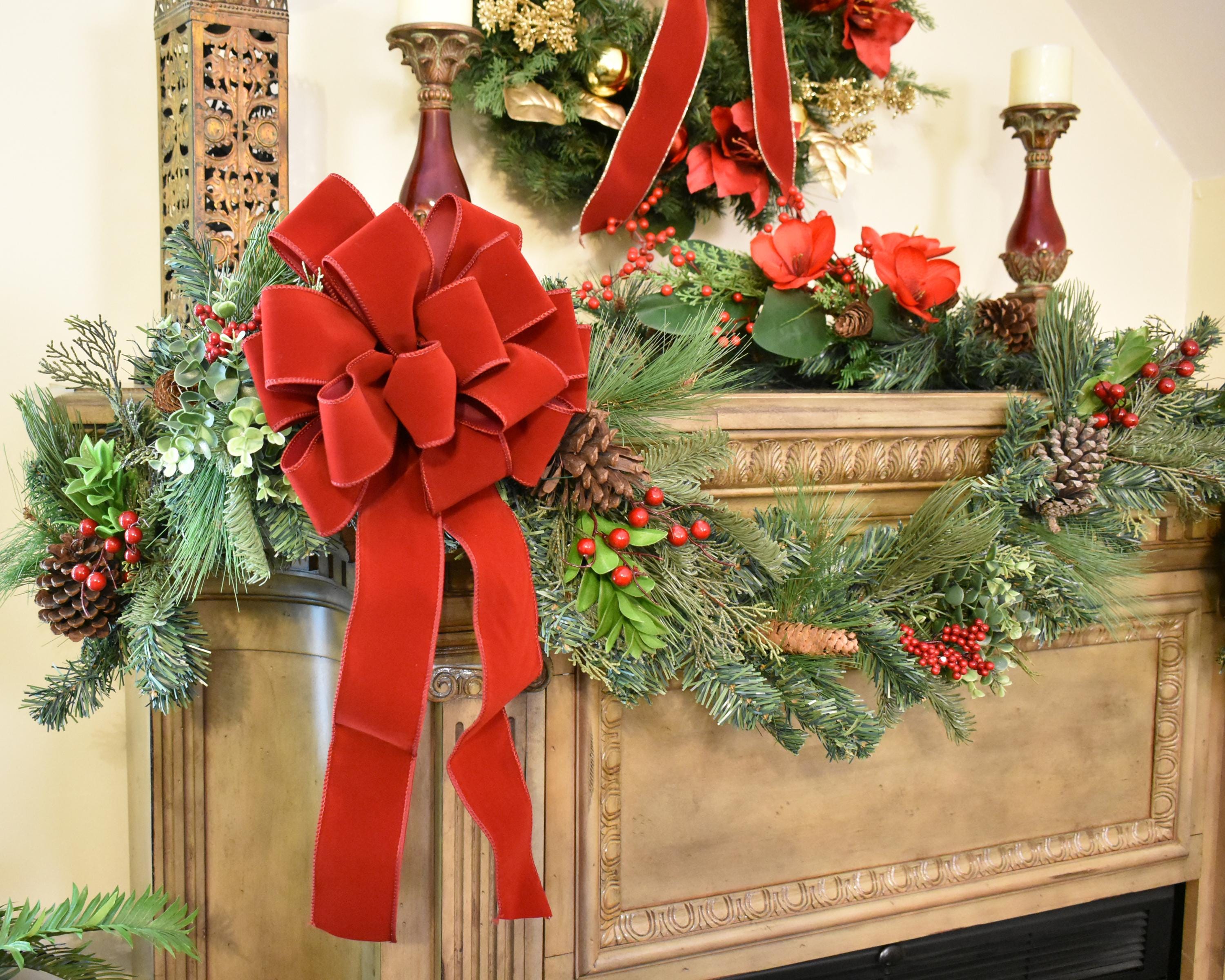 Nœuds Velours Rouge Pour Décoration De Noël - Lot De 12 - Avec Attaches Dorées