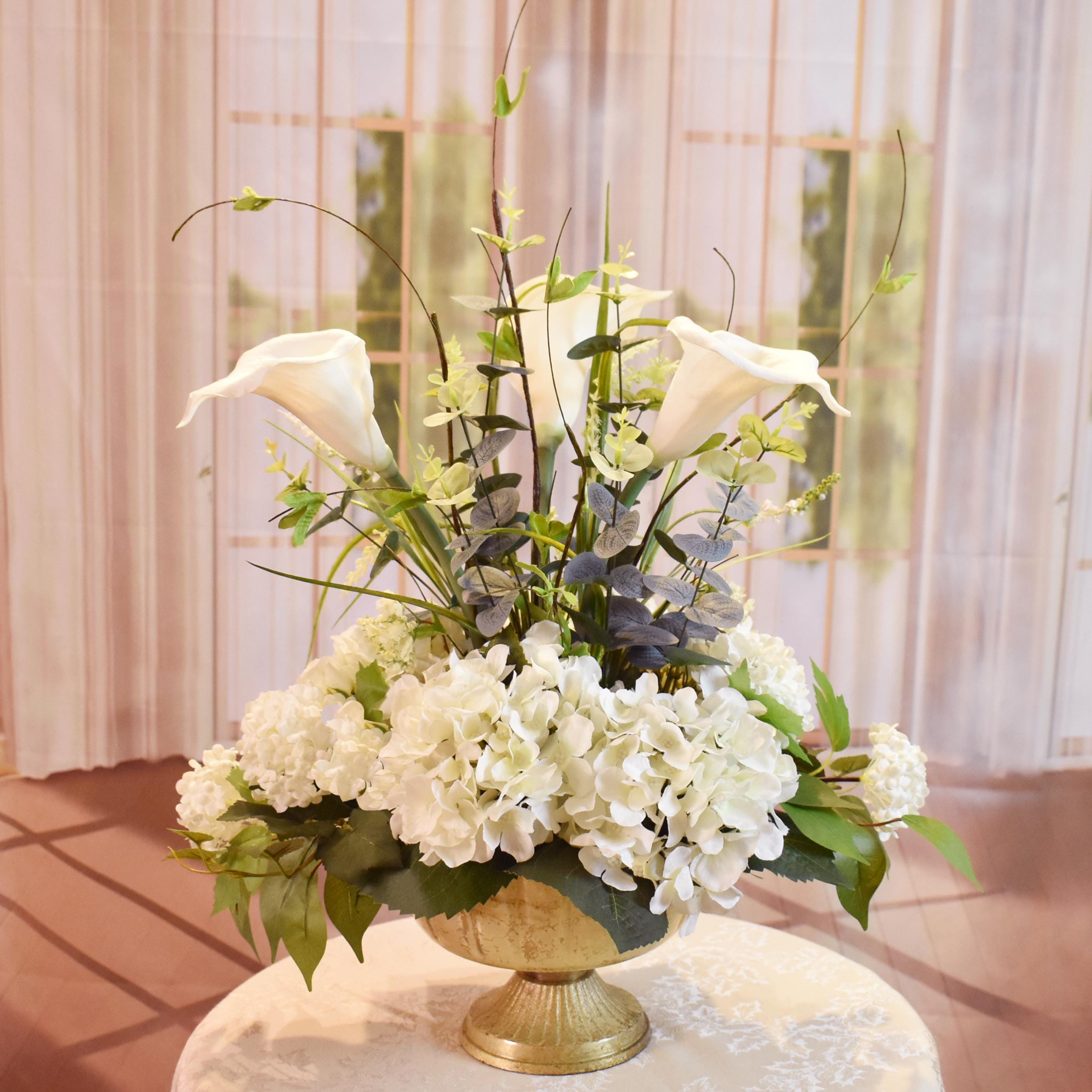 White Silk Hydrangea and Calla Lily Arrangement , Silk Floral