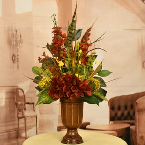 Red and Gold Faux Floral Arrangement with Feathers - One Sided - Perfect for Mantels