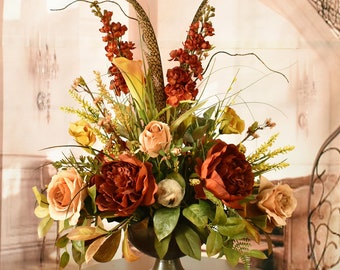 Rose and Feather Silk Flower Arrangement, Silk Centerpiece with Feathers, Red and Gold Silk Flower Arrangement