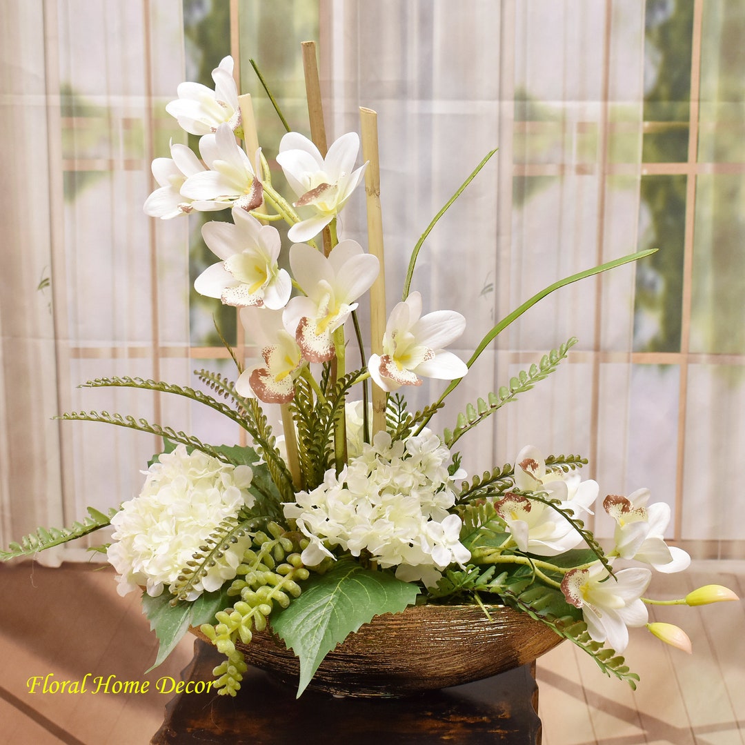 White Orchid and Hydrangea Silk Floral Arrangement in Gold Bowl Etsy