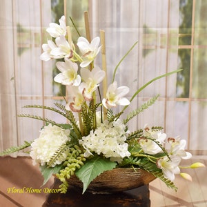 White Orchid and Hydrangea Silk Floral Arrangement in Gold Bowl