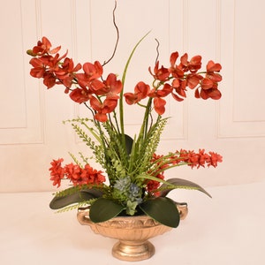 Miniature Red Orchids in Gold Vase