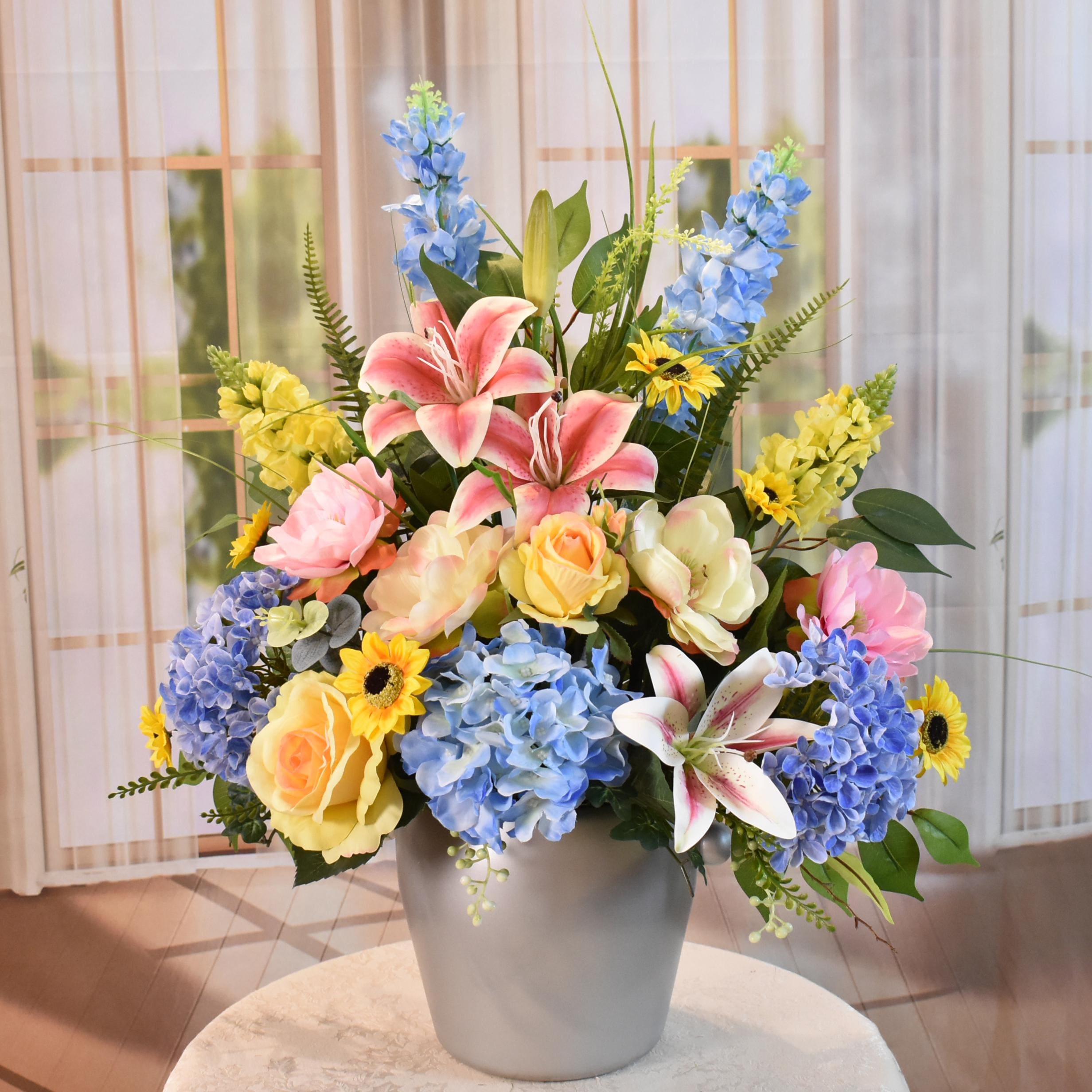 Summer Silk Flower Arrangement: Lilies, Hydrangea, Silver Urn - Etsy