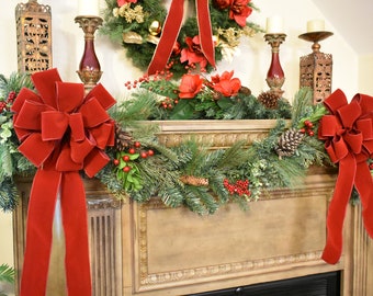 Set of 6 Red Velvet Christmas Bows-  Deep Holiday Red Bows- Wired Velvet Bows - 15 loops - 10&quot; Wide x 22&quot; long