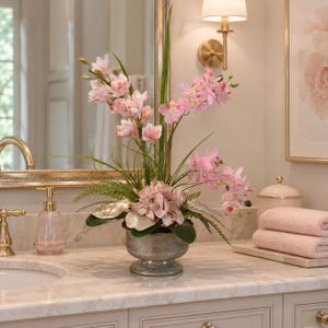 Pink Orchids Silk Floral Arrangement in Silver Vase with Grasses 画像 1