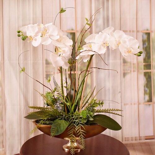 Elegant White Phalaenopsis Orchids in Gold Vase Silk Orchid Etsy