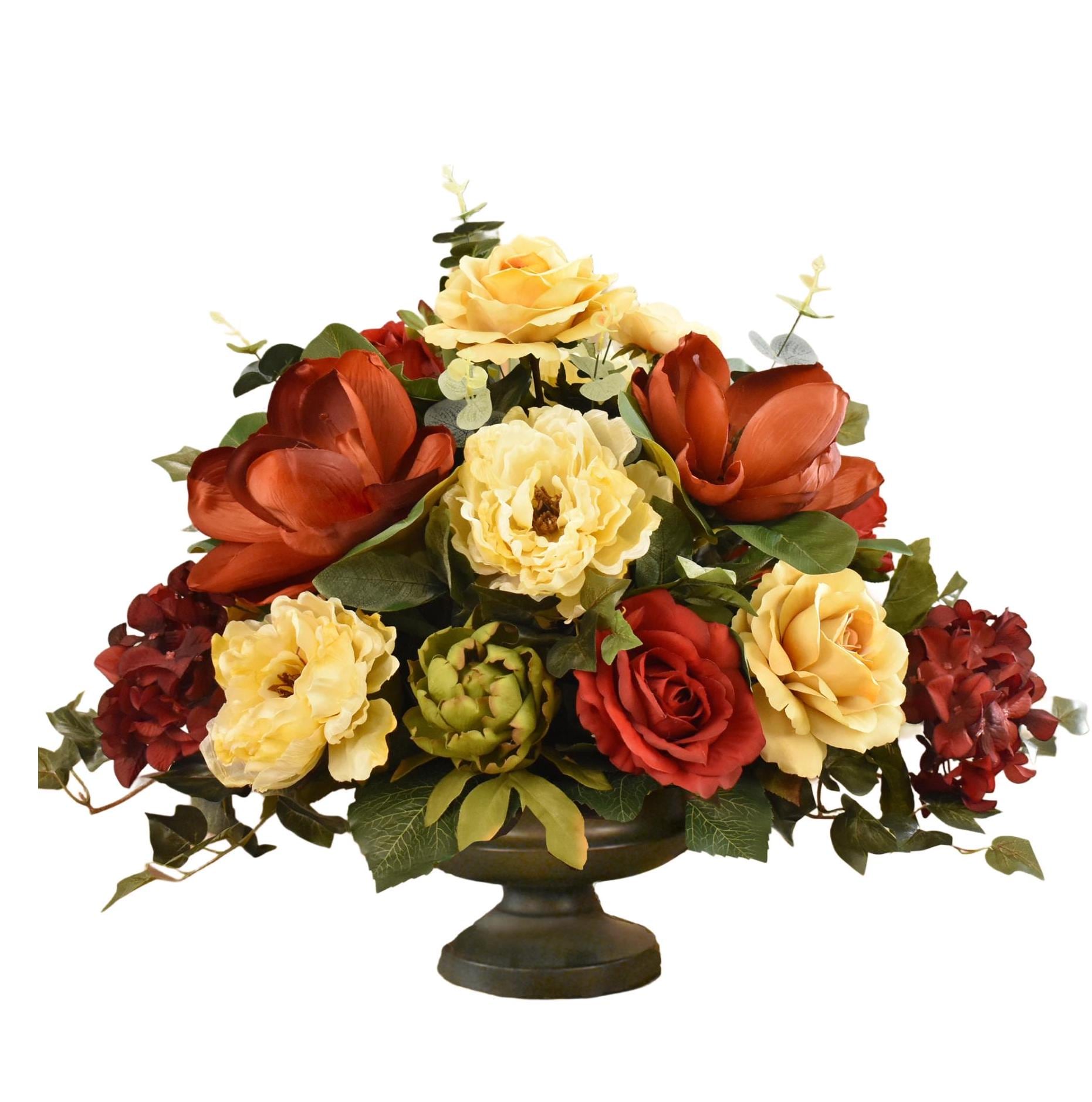 Deep Red and Butter Magnolia Rose and Peony Grande Silk Floral Centerpiece - Silk Flower Arrangement