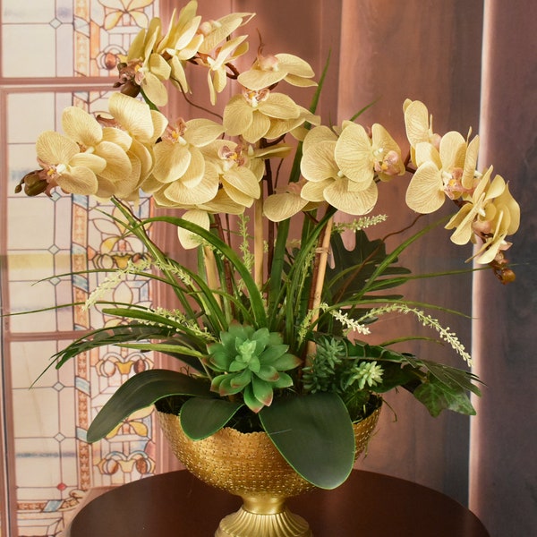 Beige Phalaenopsis Orchids In Gold Bowl - Faux Orchids