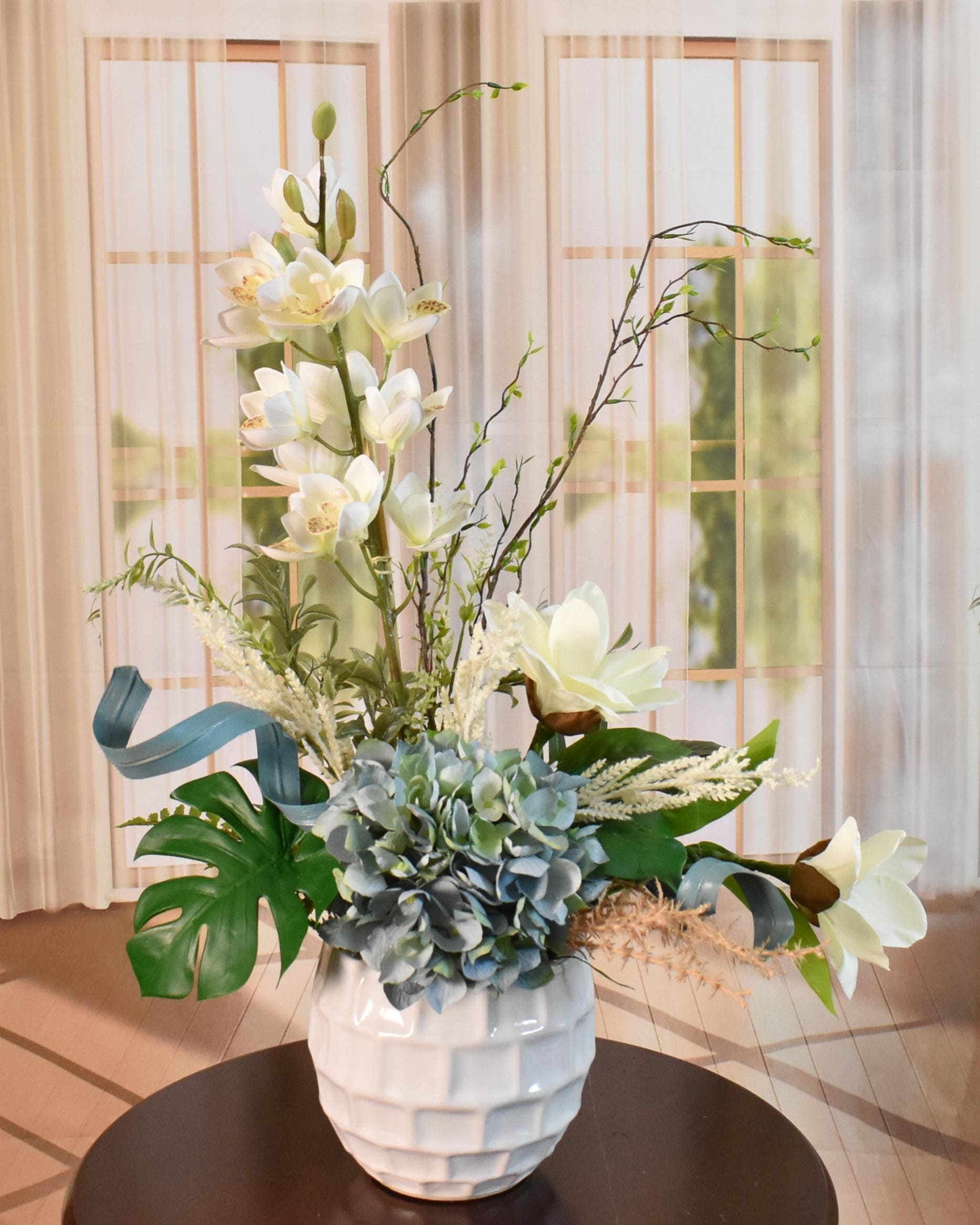 Coastal Blue Green Hydrangea, Orchid and Magnolia Silk Floral