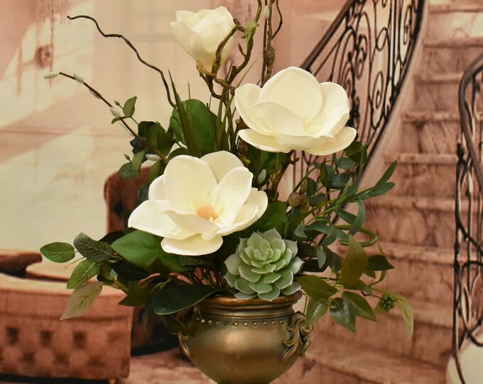 Cream Magnolia Silk Flower Arrangement With Succulent Etsy