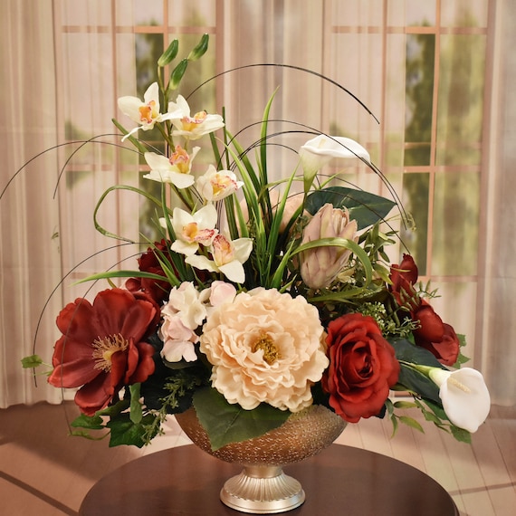Custom Made Silk Flower Arrangement in Burgundy Blush and Cream
