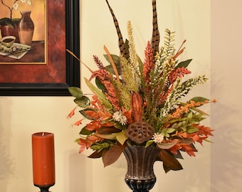 Heather and Feather Floral Design in Bronze Finish Urn - Mantel - One Sided