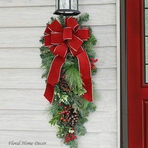 Christmas Door Swag: Faux Pine, Red Velvet Bow, Holiday Decor