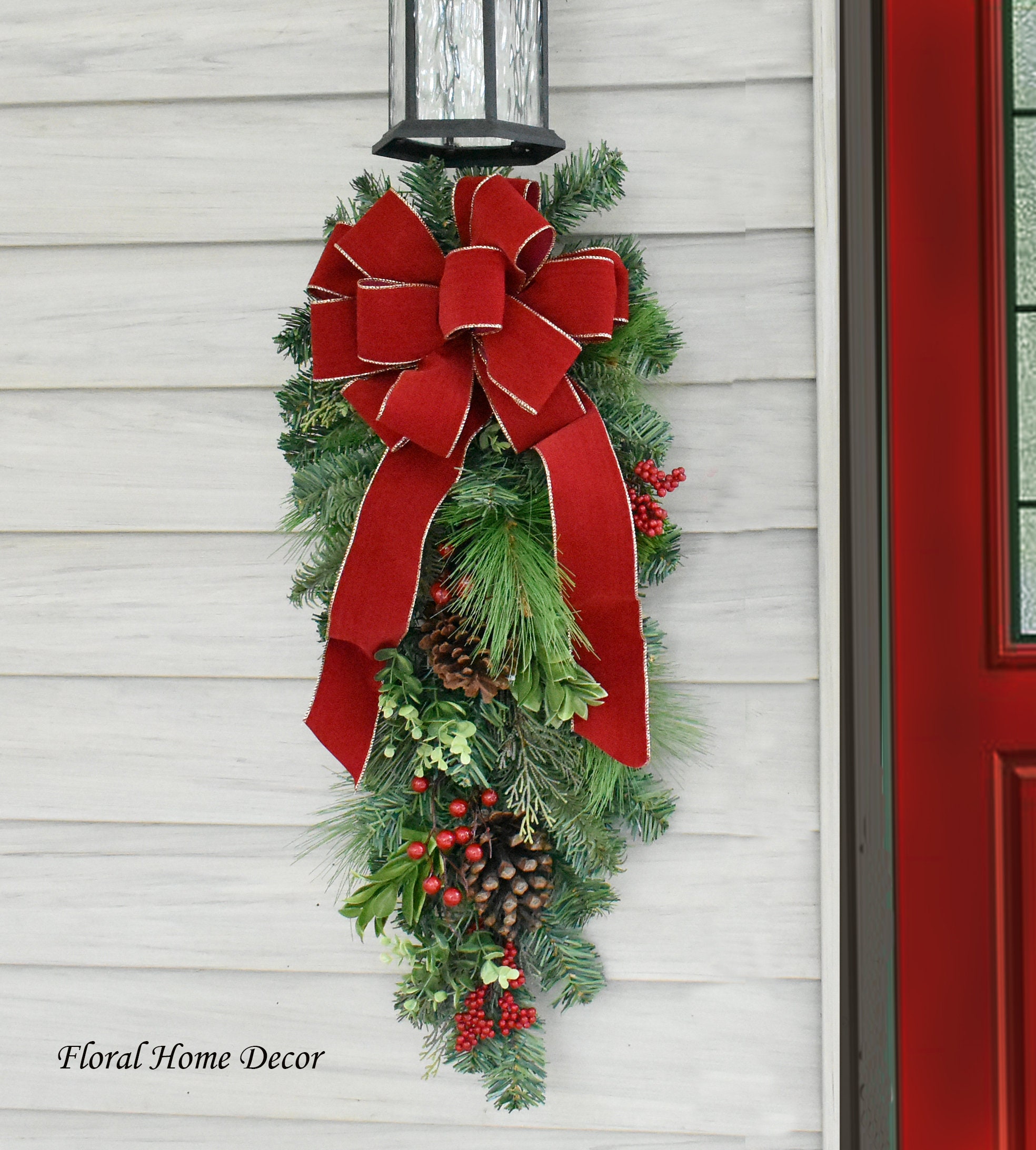 Holiday Pine Christmas Door Swag with Red Velvet Bow - Faux Christmas Floral Design - Outside Door Decoration - Lamppost