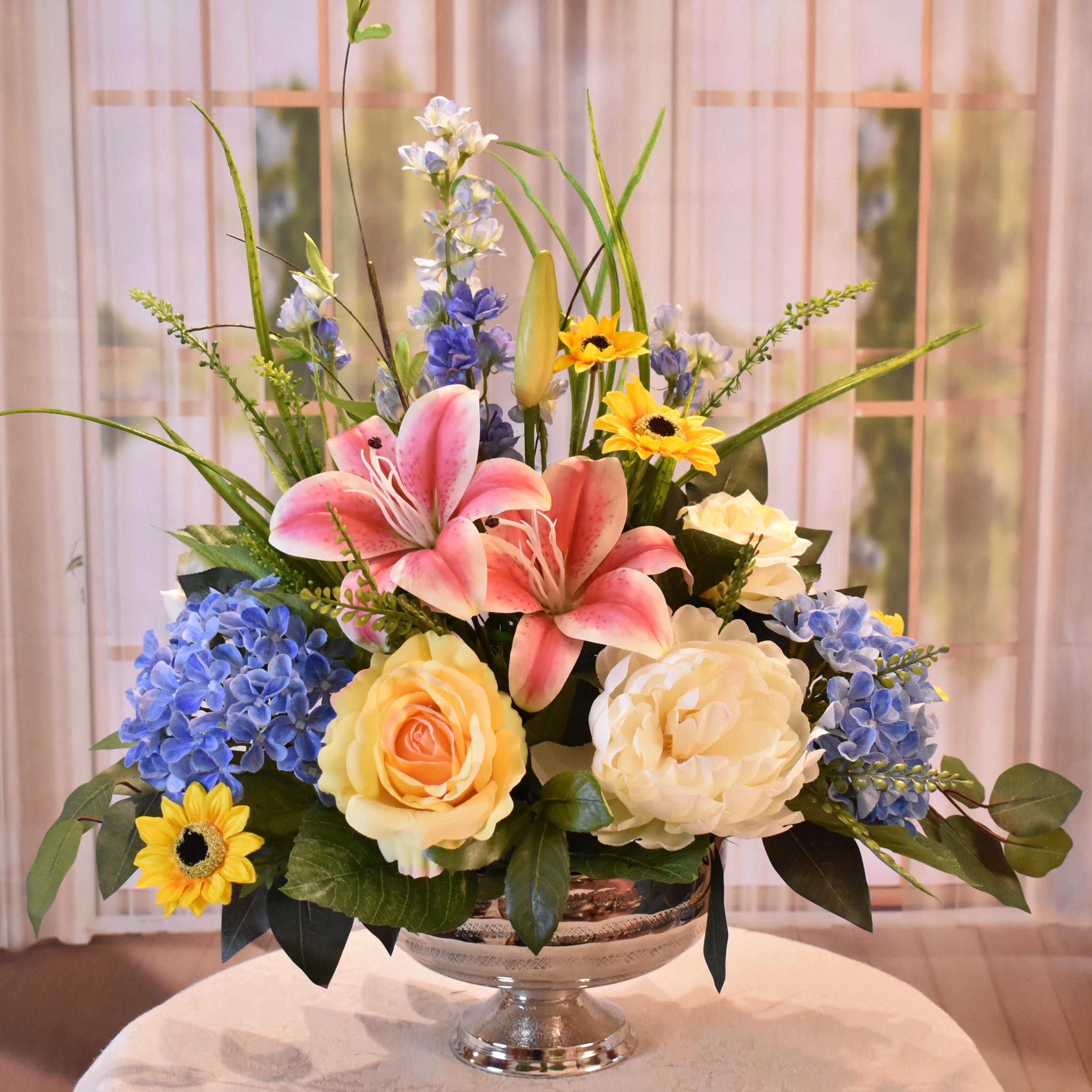 Silk Floral Centerpiece: Rhubrum Lilies, Hydrangea, Silver Vase