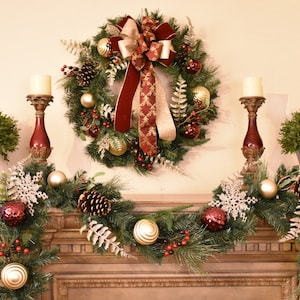 Burgundy and Gold Christmas Garland - Faux Pine
