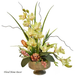 Green Faux Cymbidium Orchids in Aged Metal  Sosa Bowl