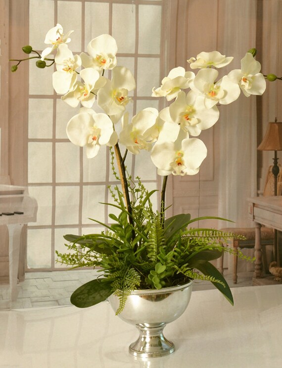 White Orchids In Silver Vase Etsy