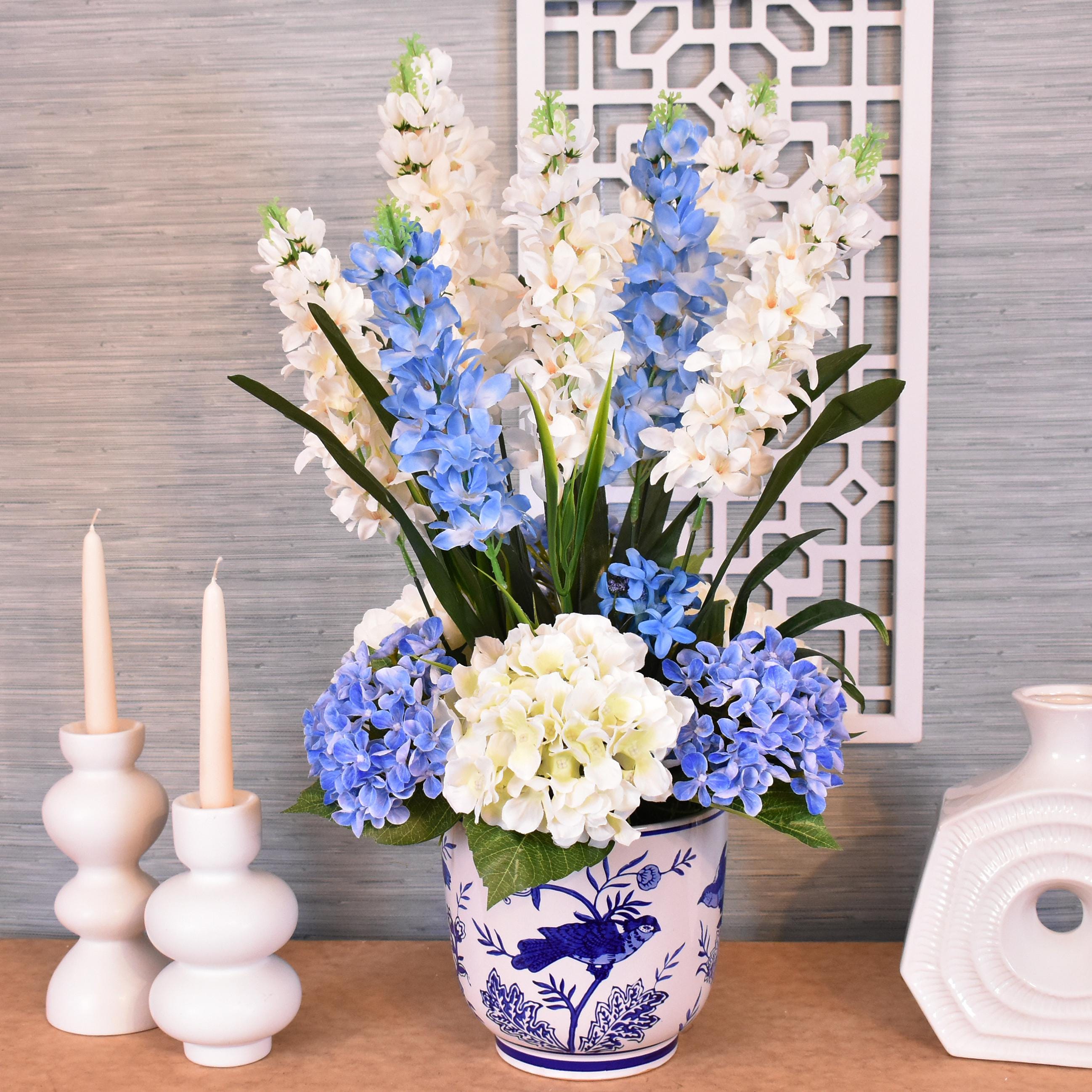 フラワー装飾 パニエ ホワイト×ブルー Blue Delphinium & Hydrangea Silk Floral Arrangement - Bird Motif