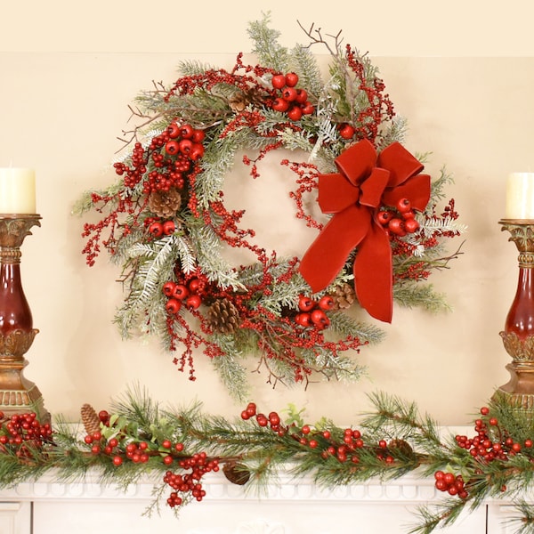 Red Berry Wreath with Pine And Bow - Faux Christmas Wreath