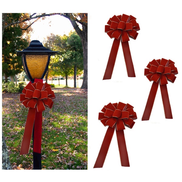 Set of 4 Red  Velvet Christmas Bows - Brick Red Gold Edge Wired Bows- Large 14 Loops 10"W x 22" L