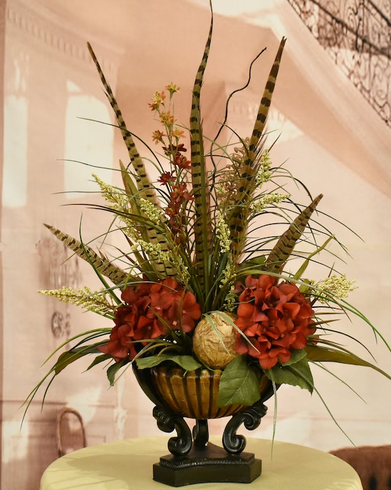 Grasses and Feathers Faux Floral Design With Burgundy Hydrangeas in Bamboo  Motif Vase 