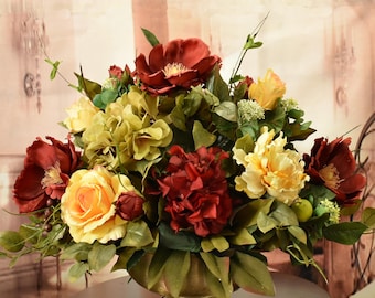 Burgundy Magnolias Silk Floral Centerpiece in low gold Bowl. - Silk Arrangement