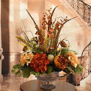 Rust and Tan Orchid and Hydrangea Silk floral Centerpiece with Feathers