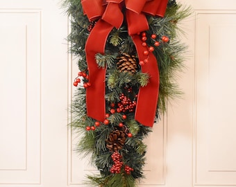 Festive Christmas Pine Door Swag with Red Velvet Bow,  Faux Holiday Door Swag