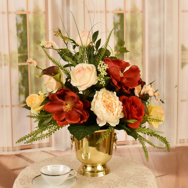 Magnolia and Rose Silk Flower Arrangement in Brass