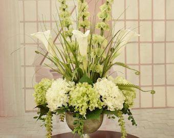 Calla Lily And Hydrangea, Delphinium Silk Floral Design In Silver Urn - Silk Flower Arrangement