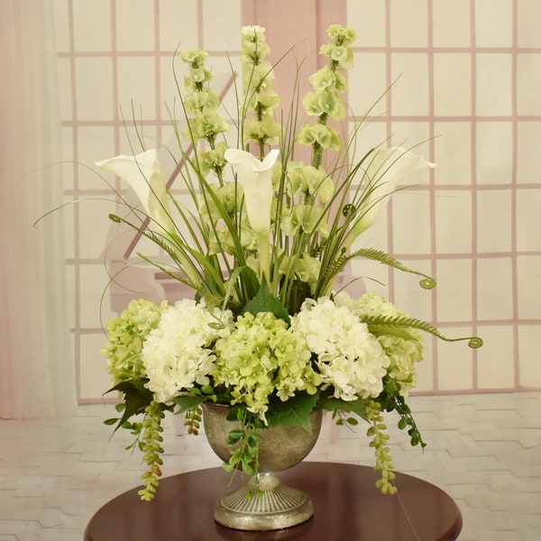 Calla Lily And Hydrangea Silk Floral Design In Silver Urn - Silk Flower Arrangement