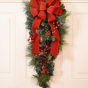 Festive Christmas Pine Door Swag with Red Velvet Bow,  Faux Holiday Door Swag