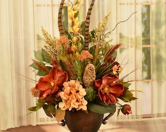 Magnolia and Heather Floral Design in Copper Urn - One Sided design